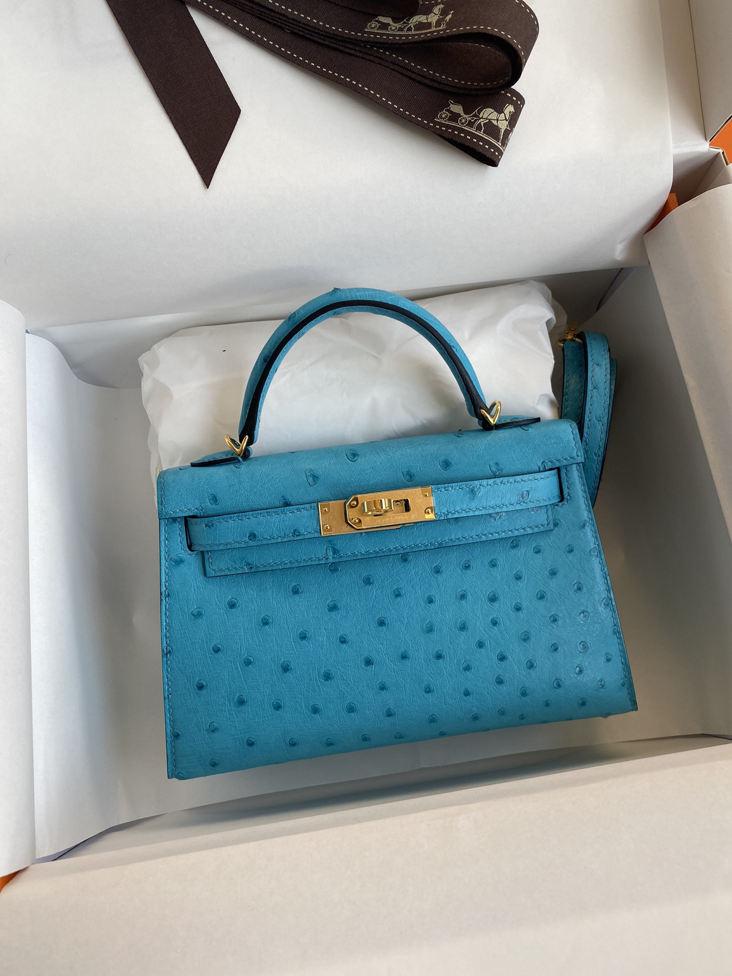 Hermes Kelly Mini II Bag 19CM In Blue Lagon Ostrich Leather